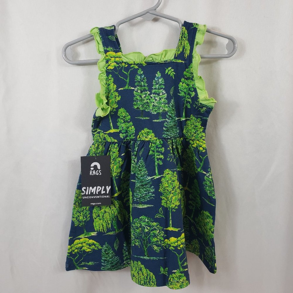 RAGS Blue Sleeveless Dress with Bright Green Trees and Ruffle Trim